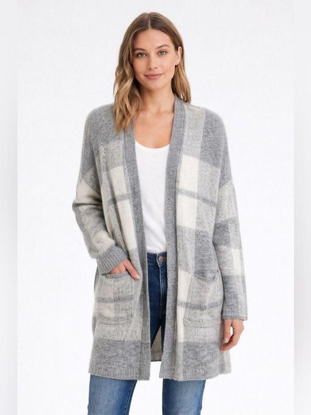 American Eagle Outfitters Gray and Cream Plaid Open-Front Cardigan